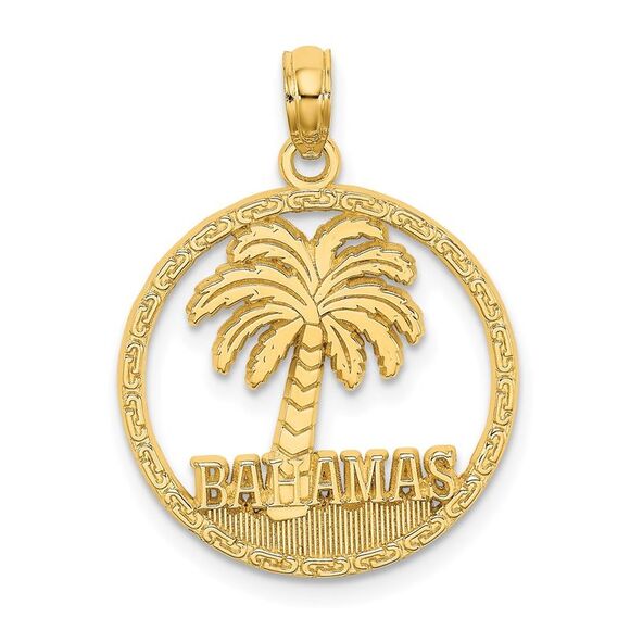 14k Yellow Gold BAHAMAS Palm Tree Round Charm